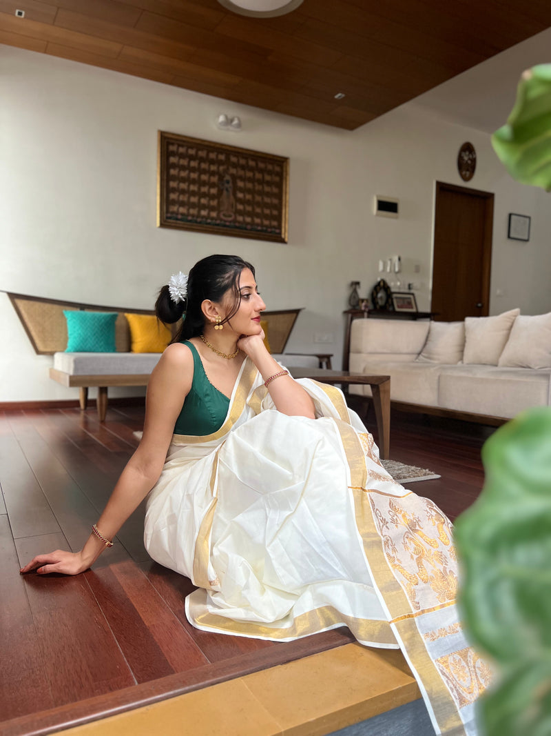 The 6-pc Binks Kasavu Kit with Bottle Green Ishika Blouse w/ Gota Embellishments - Get Onam-Ready Box-Binks