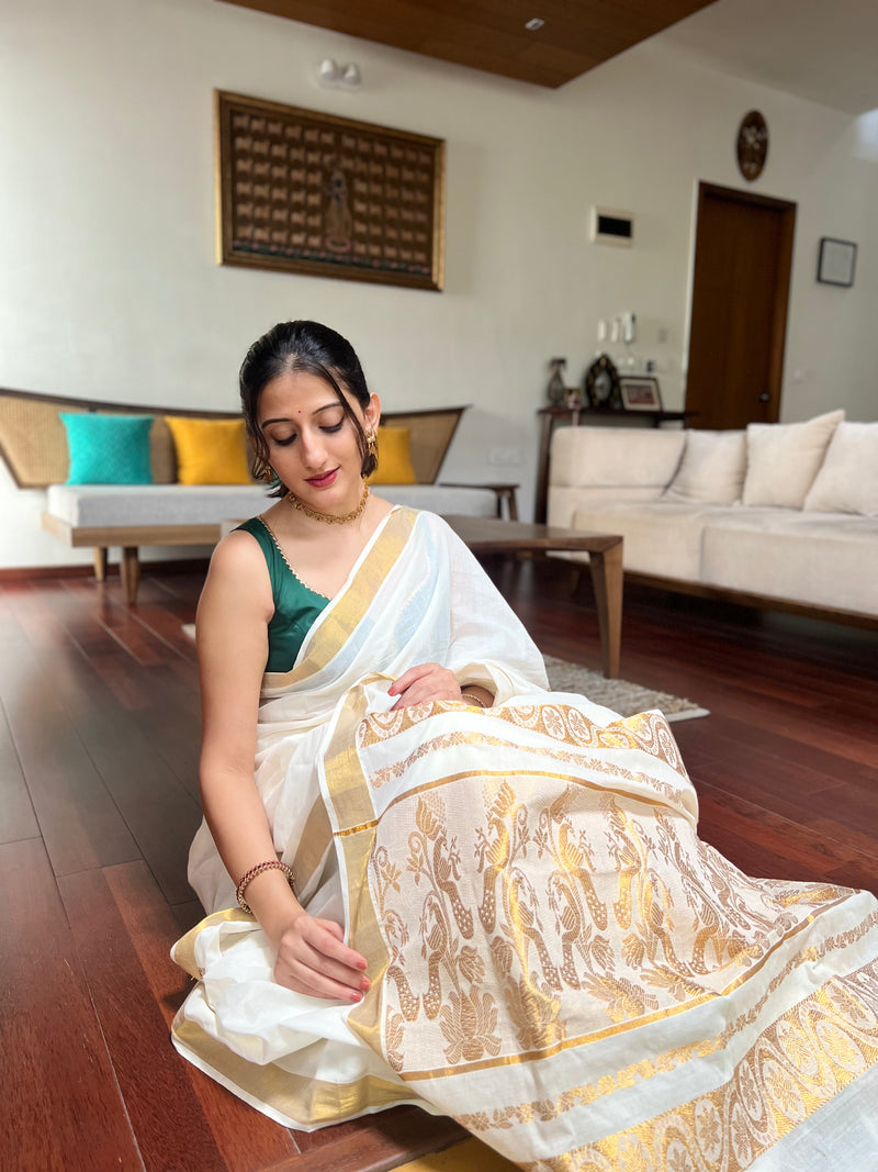 The 6-pc Binks Kasavu Kit with Bottle Green Ishika Blouse w/ Gota Embellishments - Get Onam-Ready Box-Binks