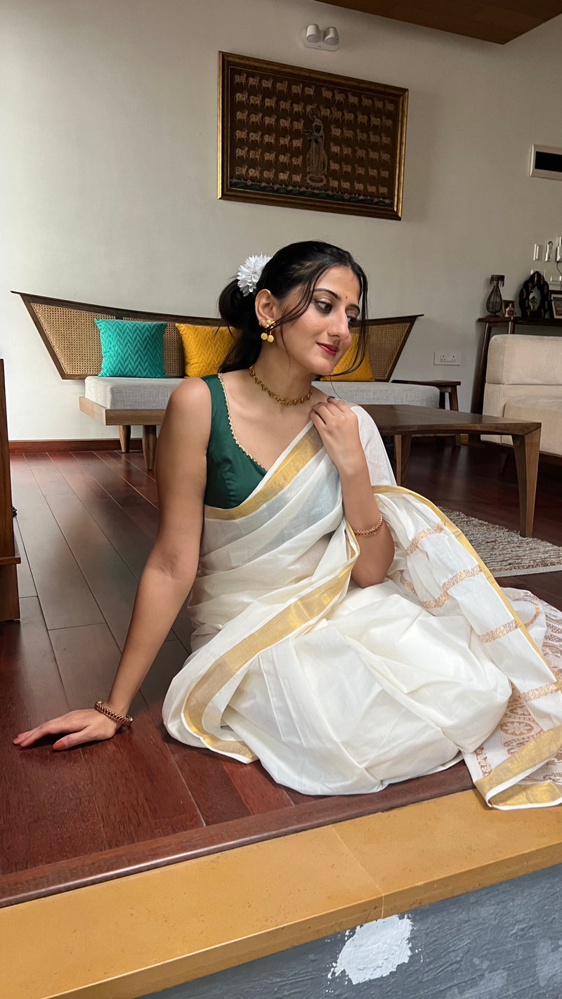 The 6-pc Binks Kasavu Kit with Bottle Green Ishika Blouse w/ Gota Embellishments - Get Onam-Ready Box-Binks