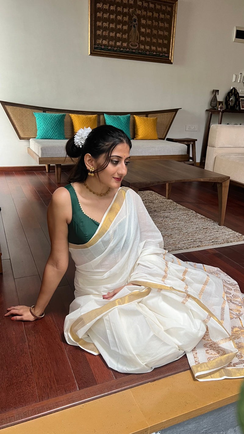 The 6-pc Binks Kasavu Kit with Bottle Green Ishika Blouse w/ Gota Embellishments - Get Onam-Ready Box-Binks