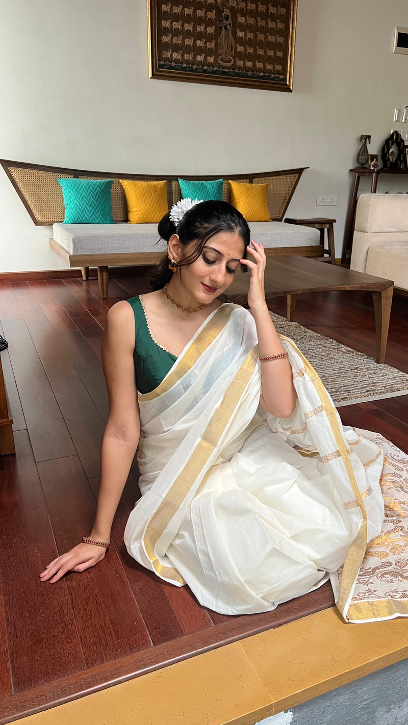 The 6-pc Binks Kasavu Kit with Bottle Green Ishika Blouse w/ Gota Embellishments - Get Onam-Ready Box-Binks