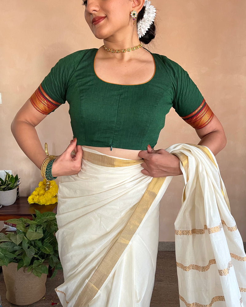 The Binks Kasavu Kit with Bottle Green Revathi Mangalgiri Blouse - Get Onam-Ready Box-Binks