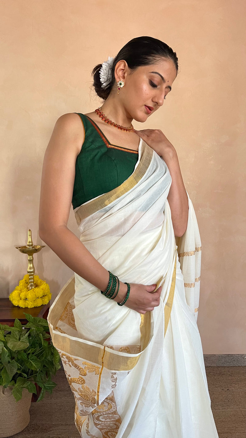 The Binks Kasavu Kit with Bottle Green Amala Mangalgiri Blouse - Get Onam-Ready Box-Binks