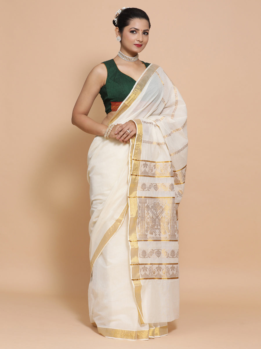 The Binks Kasavu Kit with Bottle Green Varsha Mangalgiri Blouse - Get Onam-Ready Box