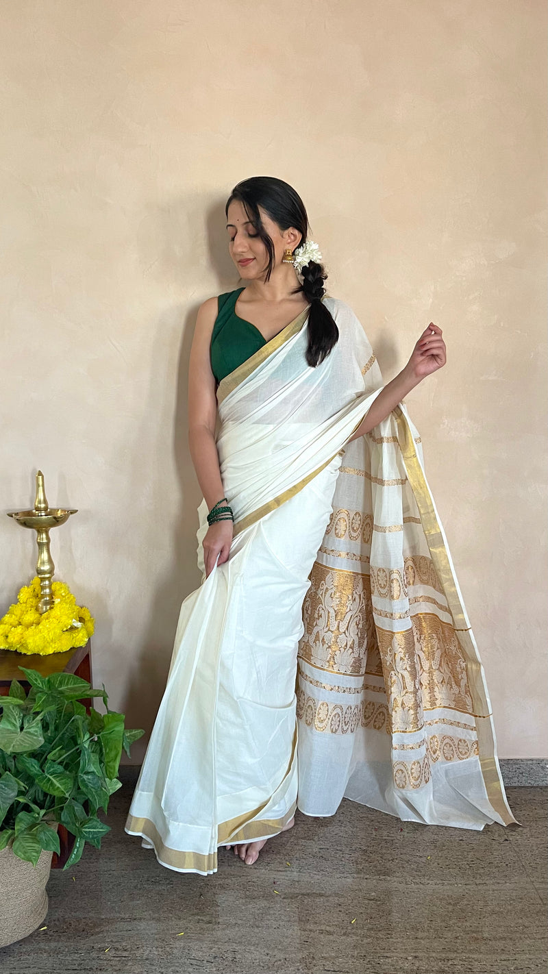 The Binks Kasavu Kit with Bottle Green Varsha Mangalgiri Blouse - Get Onam-Ready Box-Binks