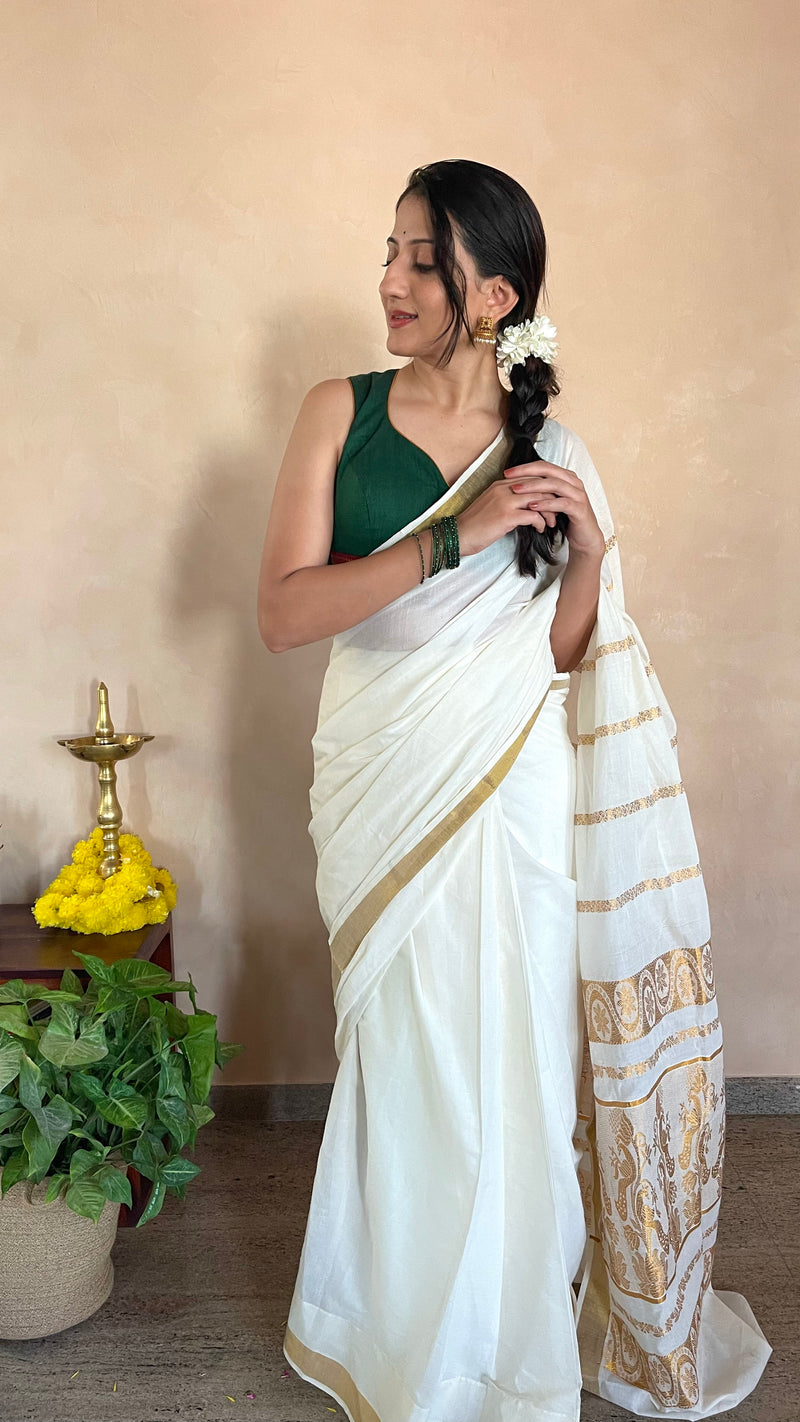 The Binks Kasavu Kit with Bottle Green Varsha Mangalgiri Blouse - Get Onam-Ready Box-Binks