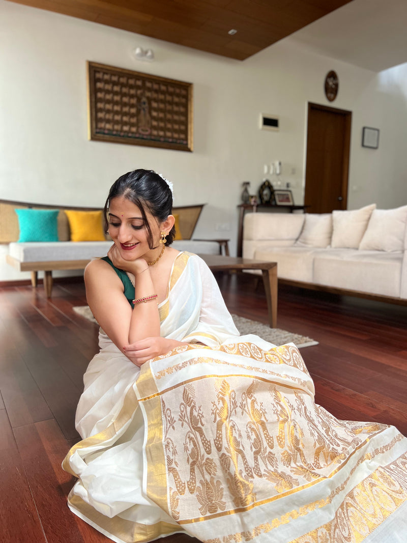 The 6-pc Binks Kasavu Kit with Bottle Green Ishika Blouse w/ Gota Embellishments - Get Onam-Ready Box-Binks