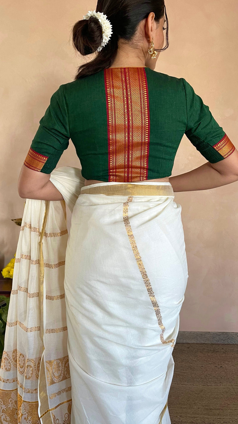 Nandini x Tyohaar | V Neck Closed Back Bottle Green Mangalgiri 100% Cotton Blouse with Zari Border-Binks