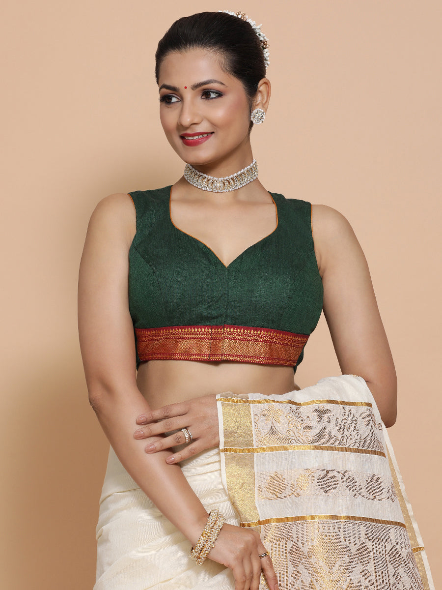 Varsha x Tyohaar Saree Blouse, in Green Cotton, featuring sleeveless, made for party & festive (view 9).