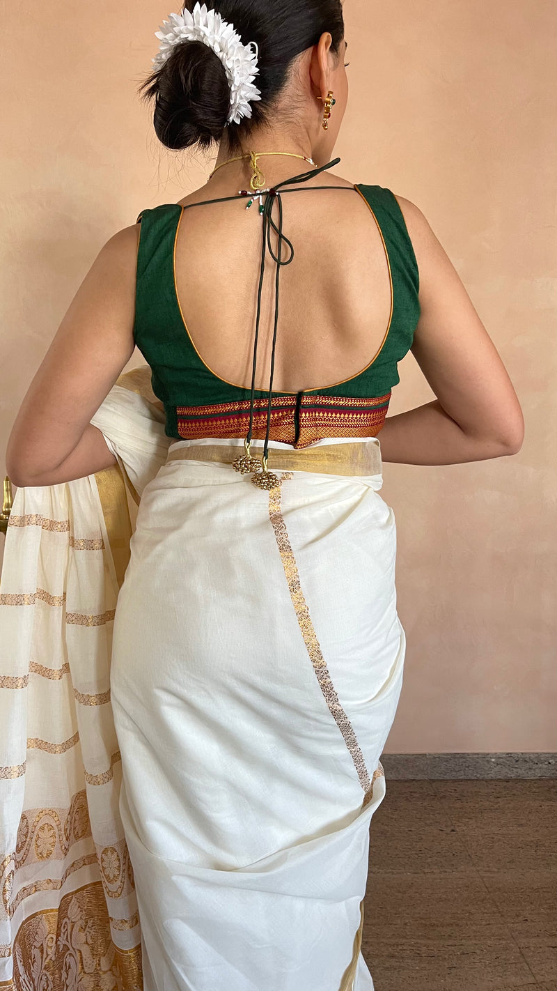 The Binks Kasavu Kit with Bottle Green Amala Mangalgiri Blouse - Get Onam-Ready Box-Binks