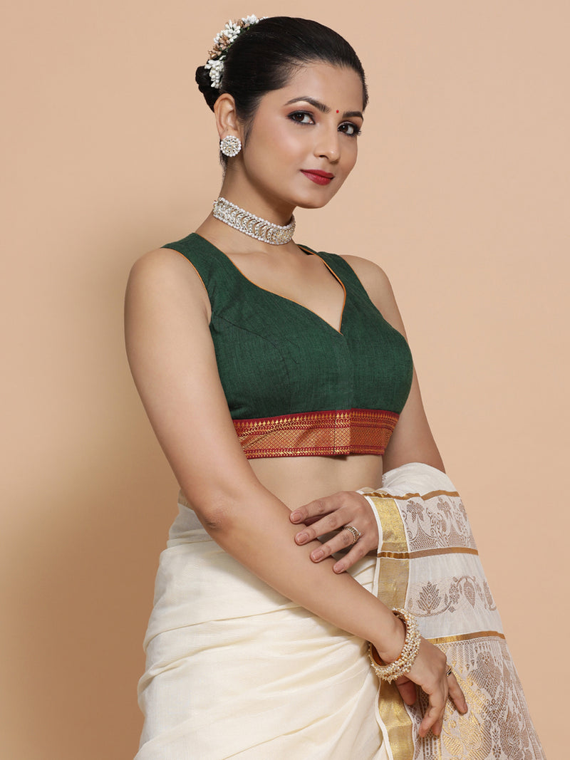 Varsha x Tyohaar Saree Blouse, in Green Cotton, featuring sleeveless, made for party & festive (view 7).