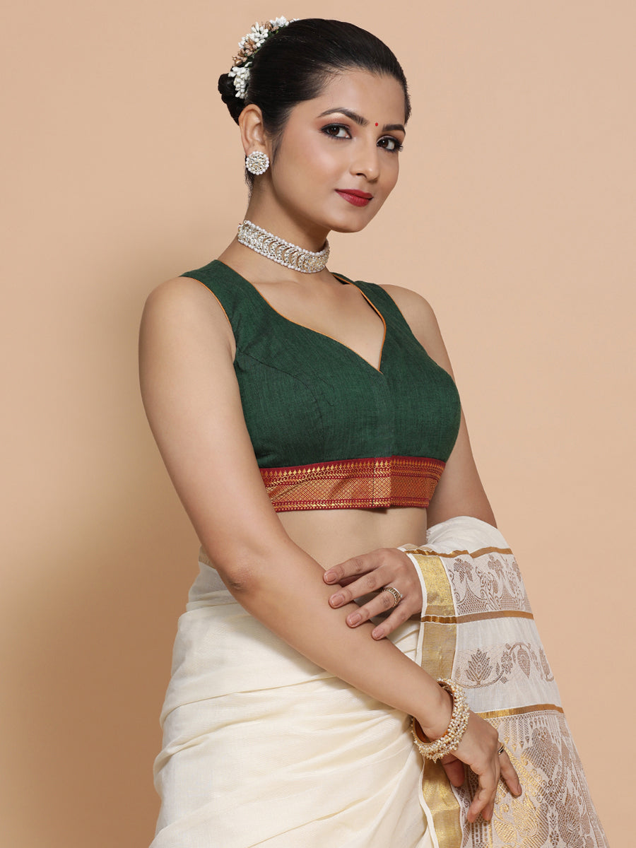 Varsha x Tyohaar Saree Blouse, in Green Cotton, featuring sleeveless, made for party & festive (view 7).