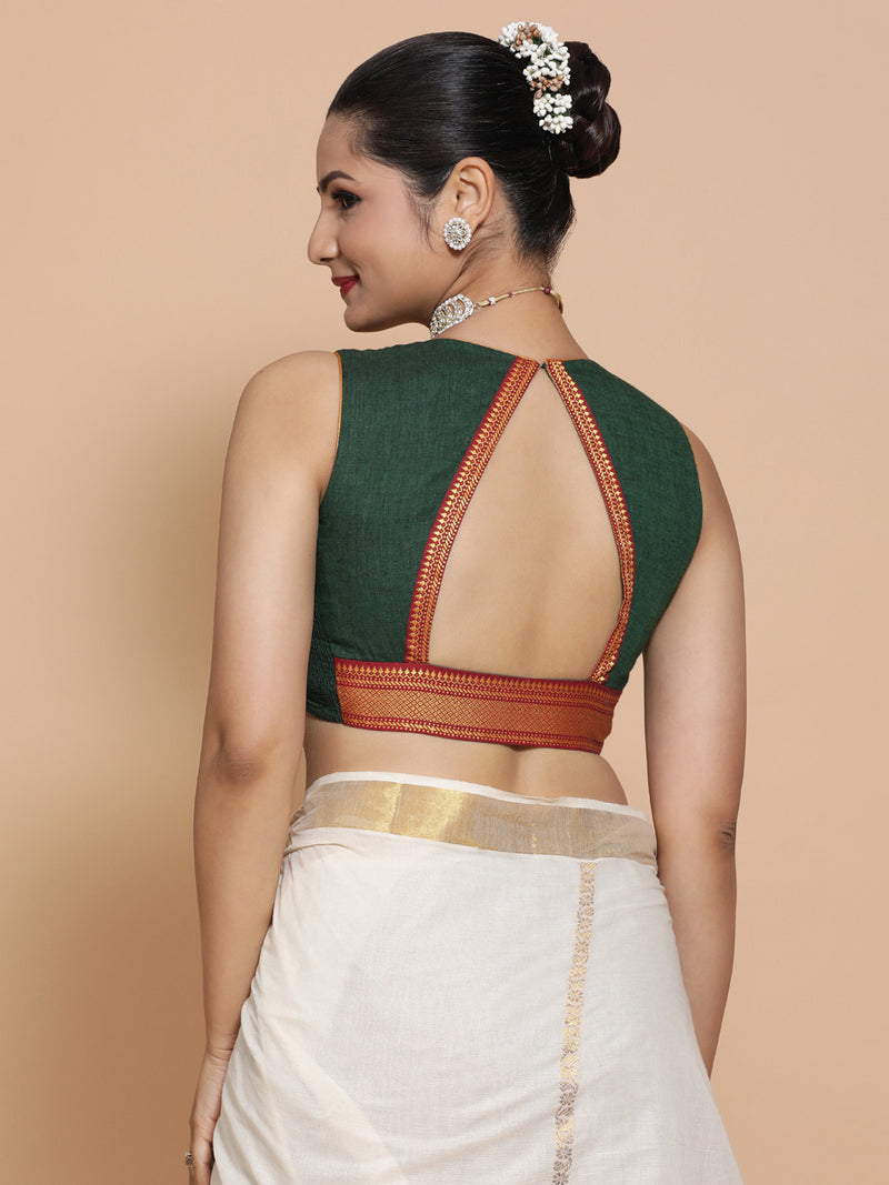 Varsha x Tyohaar Saree Blouse, in Green Cotton, featuring sleeveless, made for party & festive (view 3).