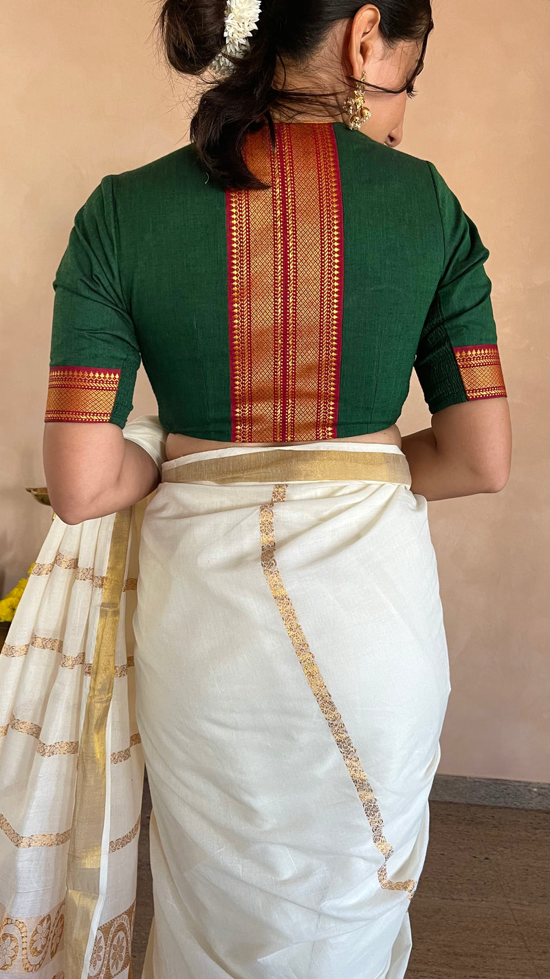 The Binks Kasavu Kit with Bottle Green Nandini Mangalgiri Blouse - Get Onam-Ready Box-Binks