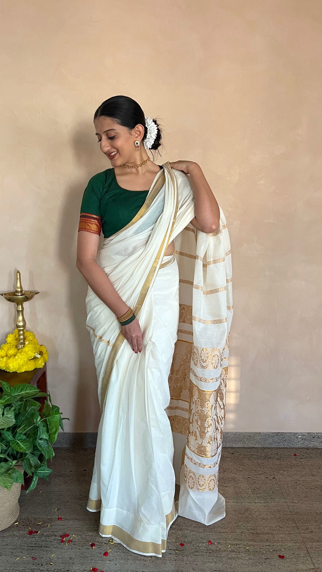 The Binks Kasavu Kit with Bottle Green Revathi Mangalgiri Blouse - Get Onam-Ready Box Festive Fashion Box (view 7).