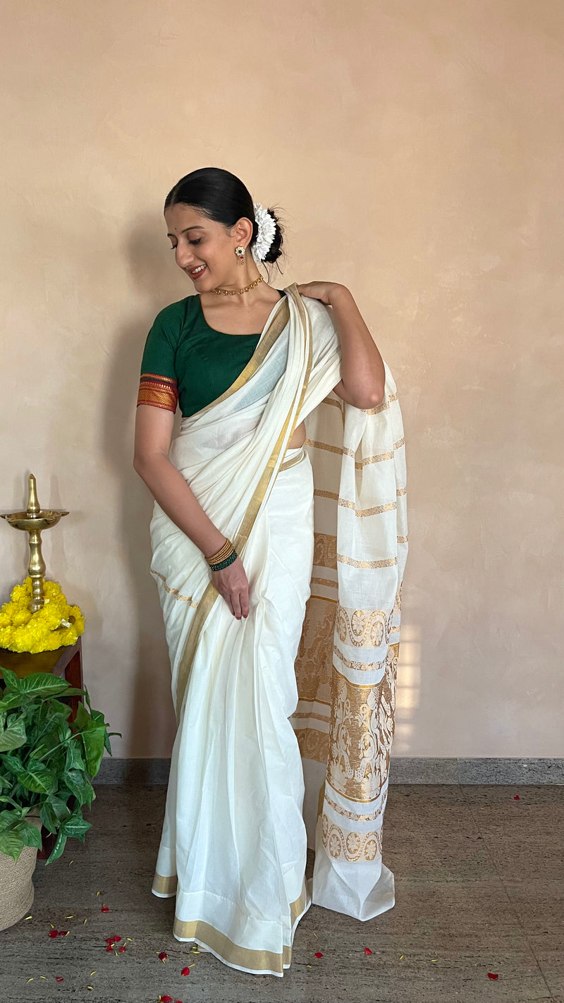 The Binks Kasavu Kit with Bottle Green Revathi Mangalgiri Blouse - Get Onam-Ready Box-Binks