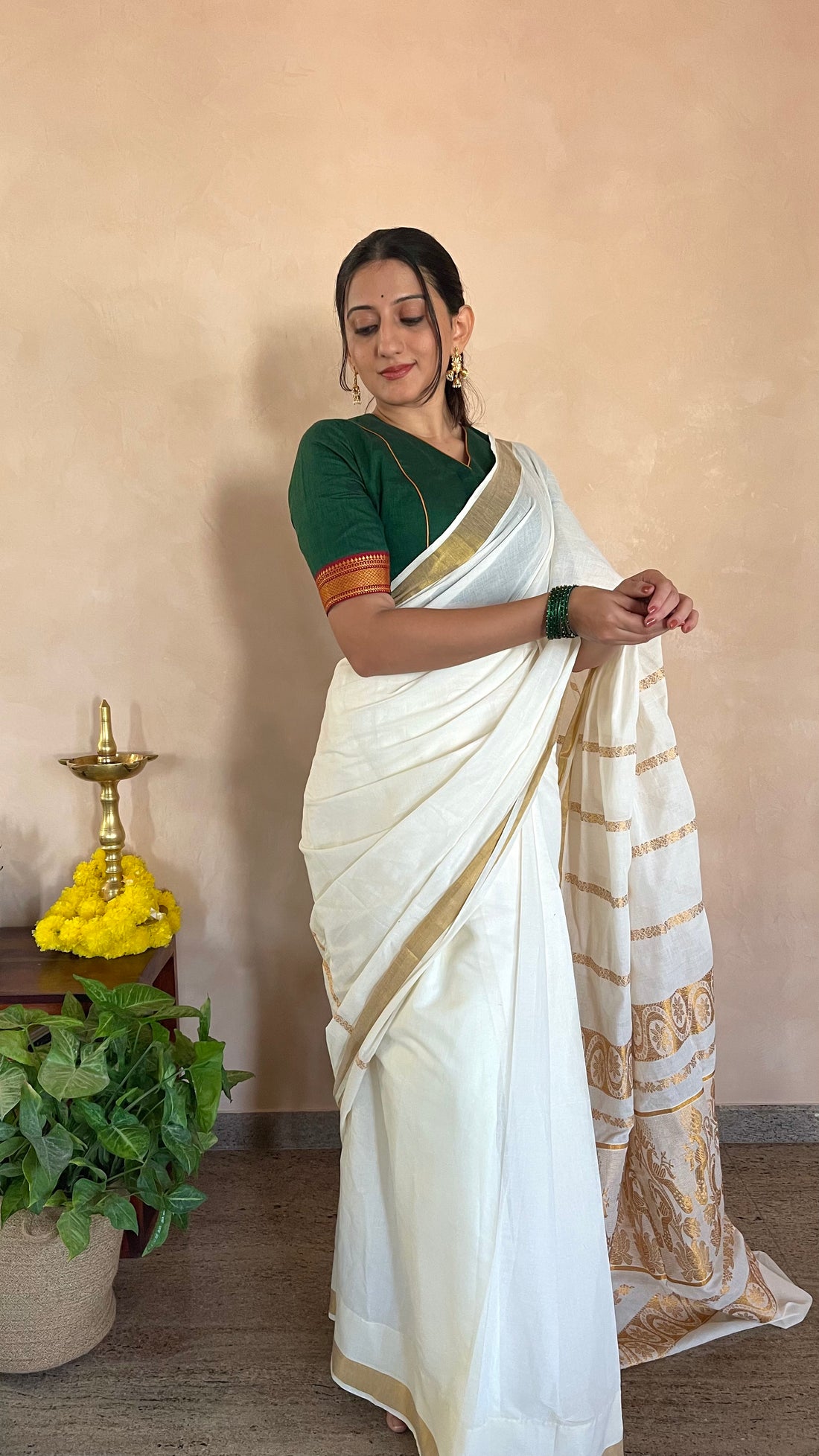 The Binks Kasavu Kit with Bottle Green Nandini Mangalgiri Blouse - Get Onam-Ready Box Festive Fashion Box (view 8).