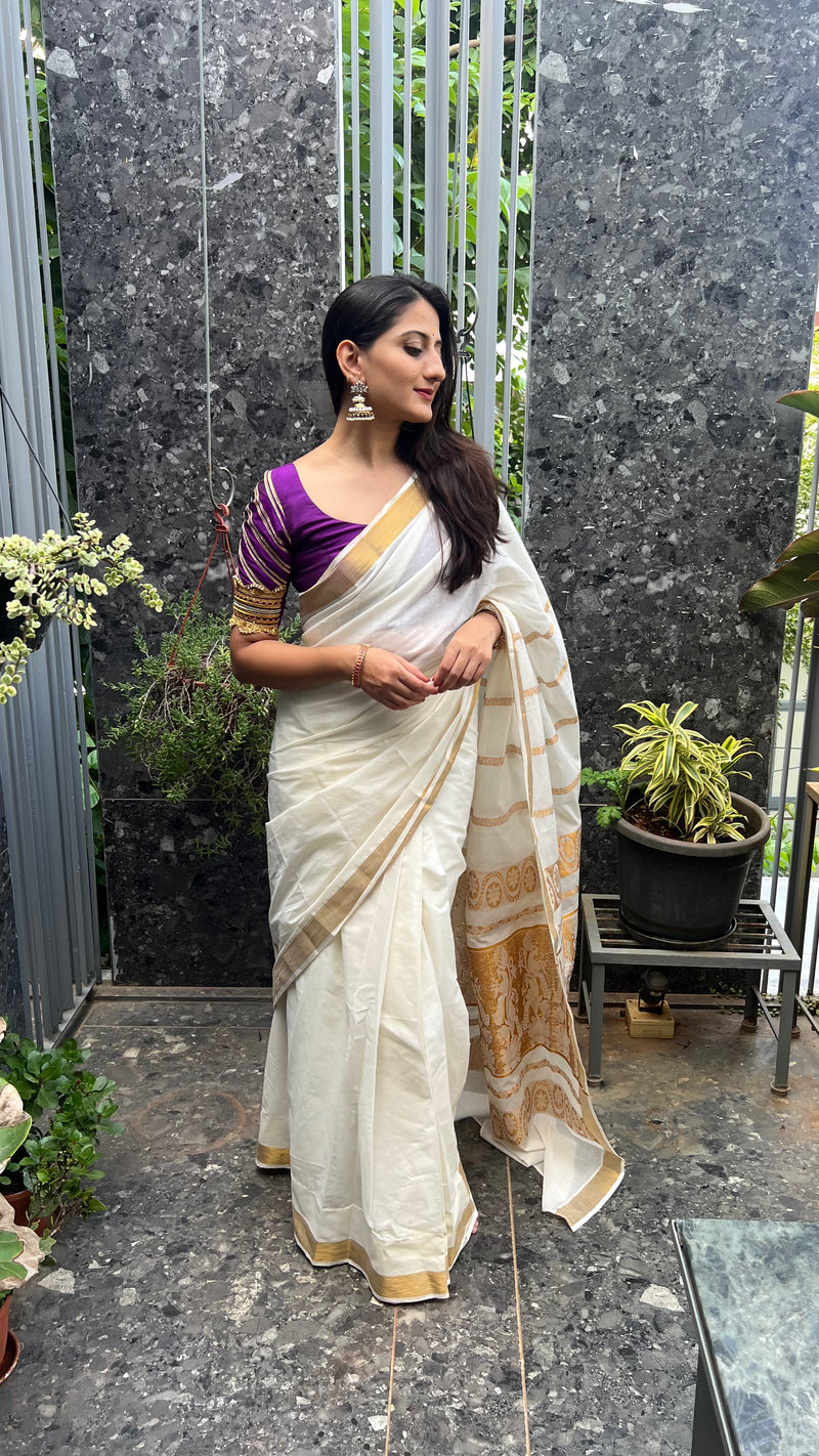 The 6-pc Binks Kasavu Kit with Purple Anisha Blouse w/ Gota Embellishments - Get Onam-Ready Box-Binks