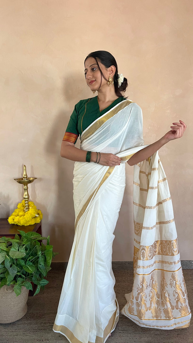 The Binks Kasavu Kit with Bottle Green Nandini Mangalgiri Blouse - Get Onam-Ready Box-Binks