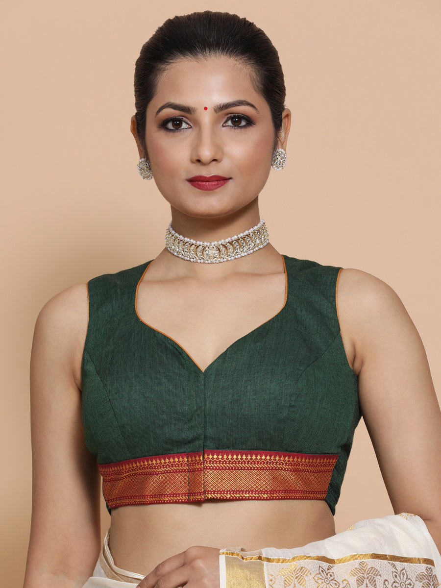Varsha x Tyohaar Saree Blouse, in Green Cotton, featuring sleeveless, made for party & festive (view 8).