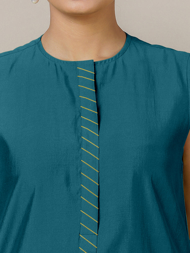 Adah x Rozaana Kurta, in Blue Viscose, featuring sleeveless and jewel neckline, made for daily & work (view 3).