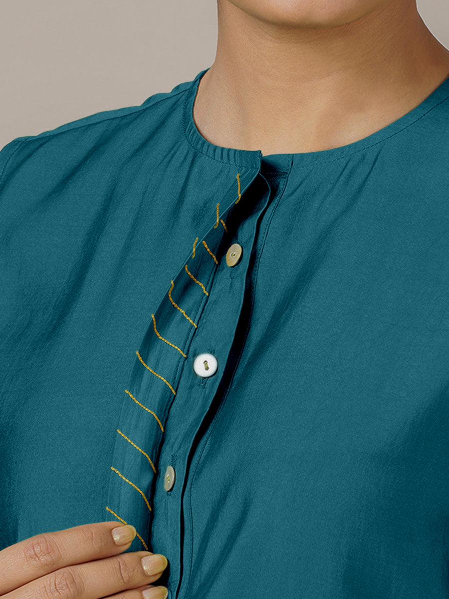 Adah x Rozaana Kurta, in Blue Viscose, featuring sleeveless and jewel neckline, made for daily & work (view 4).