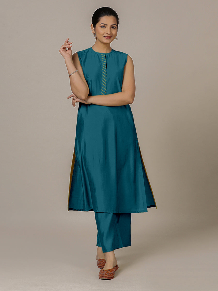 Adah x Rozaana Kurta, in Blue Viscose, featuring sleeveless and jewel neckline, made for daily & work (view 7).