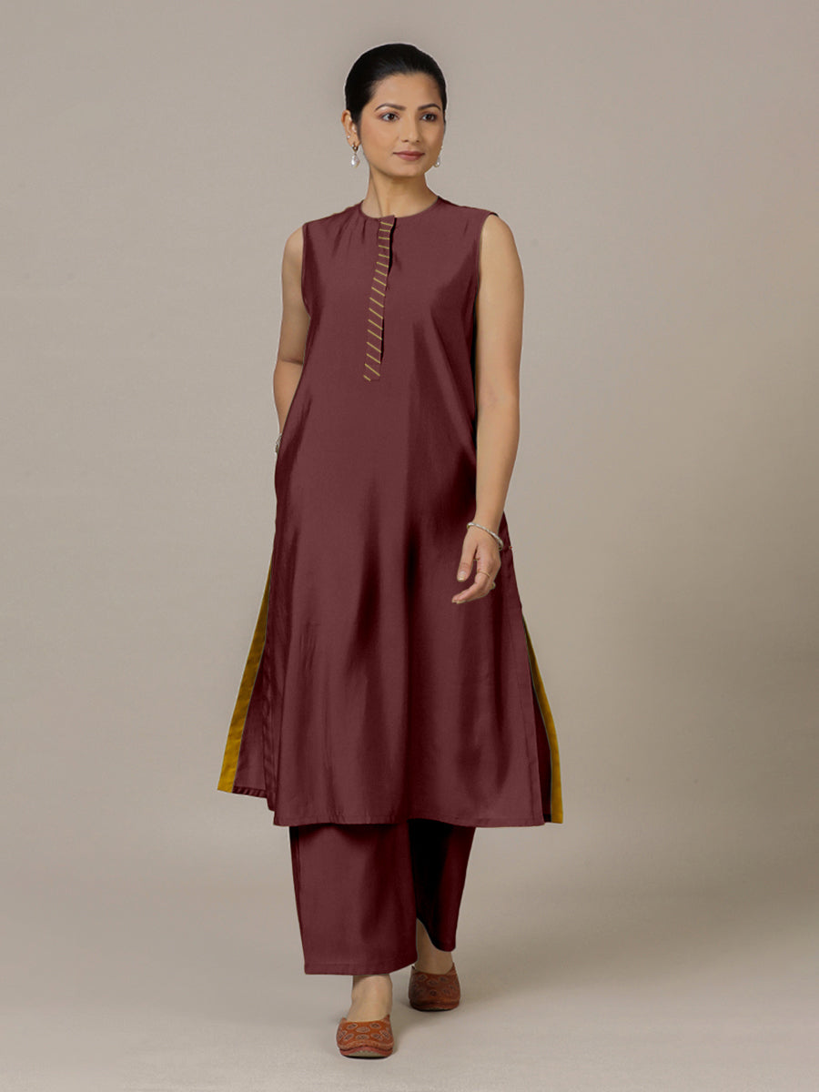 Adah x Rozaana Kurta, in Maroon Viscose, featuring sleeveless and jewel neckline, made for daily & work.