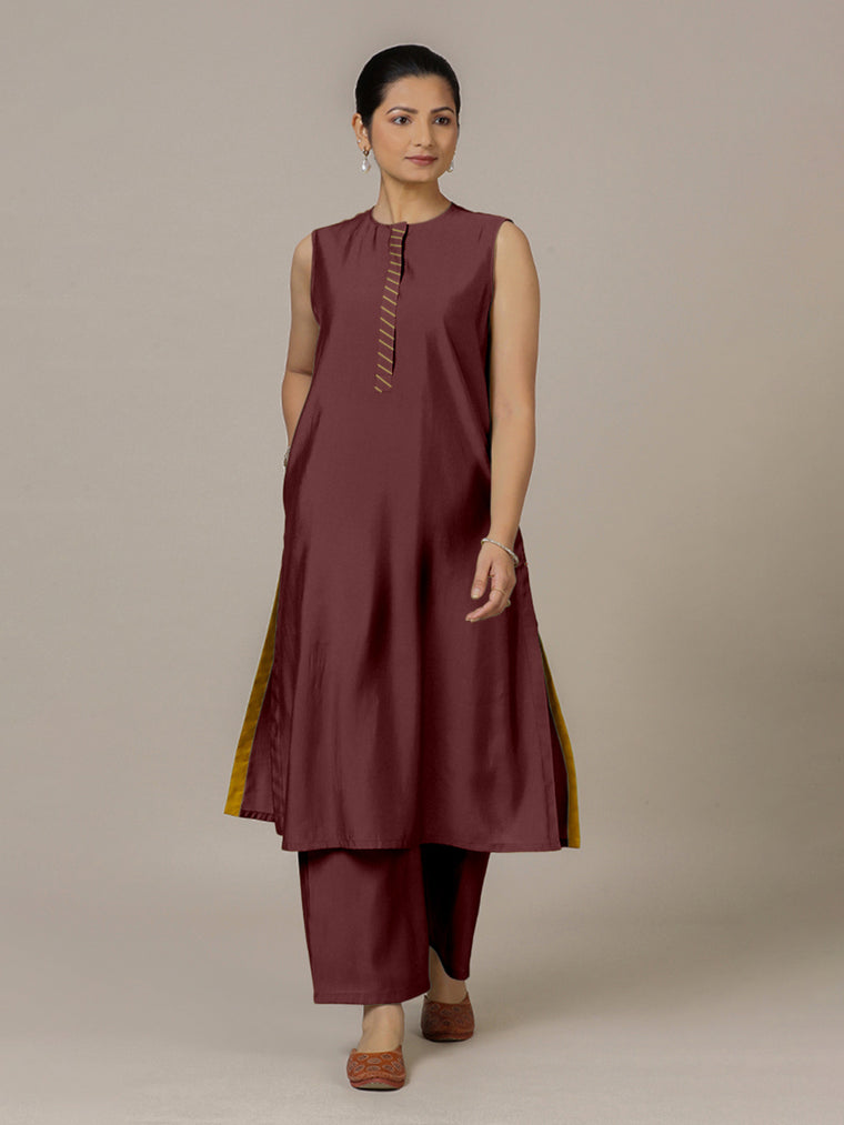 Adah x Rozaana Kurta, in Maroon Viscose, featuring sleeveless and jewel neckline, made for daily & work.