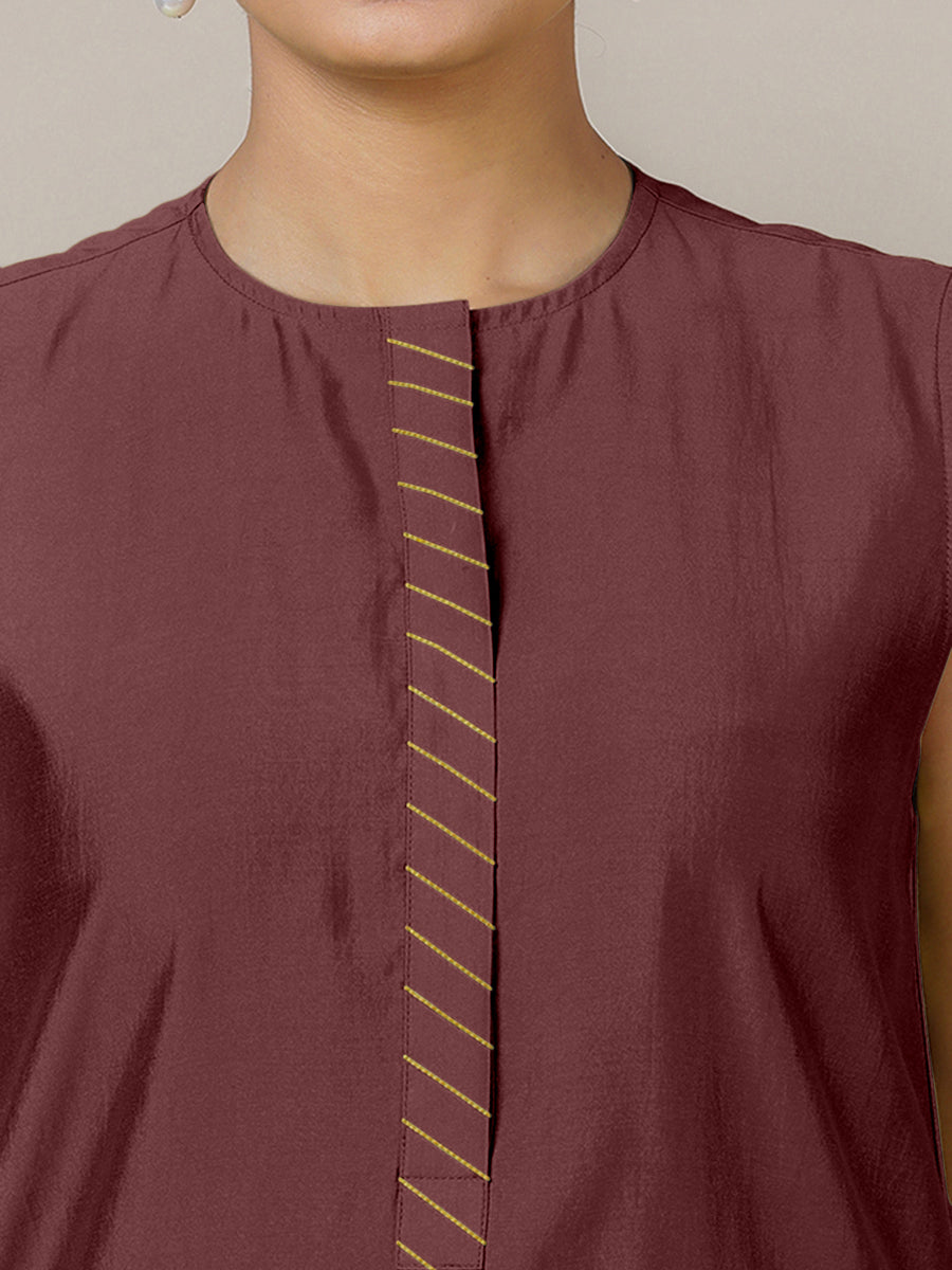 Adah x Rozaana Kurta, in Maroon Viscose, featuring sleeveless and jewel neckline, made for daily & work (view 3).