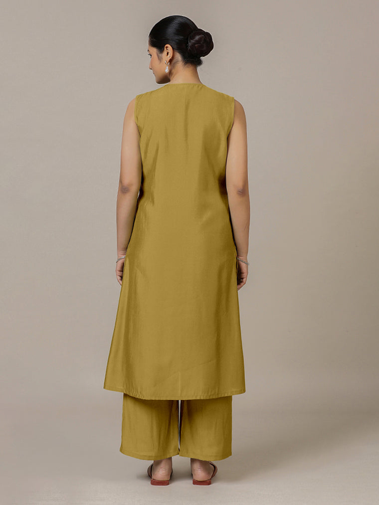 Adah x Rozaana Kurta, in Yellow Viscose, featuring sleeveless and jewel neckline, made for daily & work (view 2).