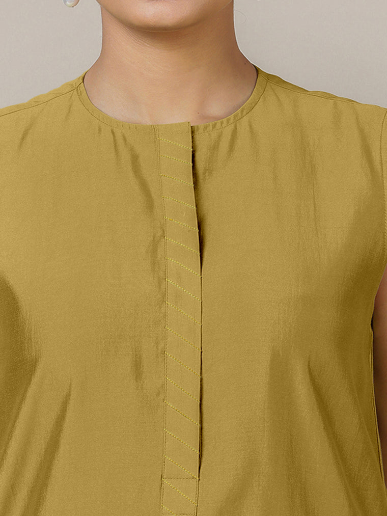 Adah x Rozaana Kurta, in Yellow Viscose, featuring sleeveless and jewel neckline, made for daily & work (view 3).
