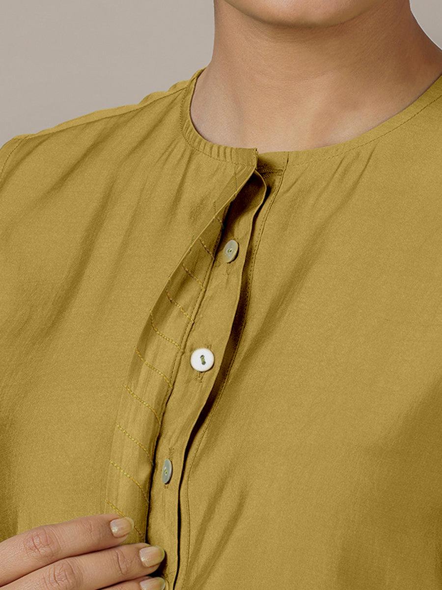 Adah x Rozaana Kurta, in Yellow Viscose, featuring sleeveless and jewel neckline, made for daily & work (view 4).
