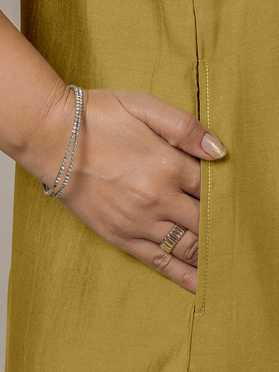 Adah x Rozaana Kurta, in Yellow Viscose, featuring sleeveless and jewel neckline, made for daily & work (view 5).