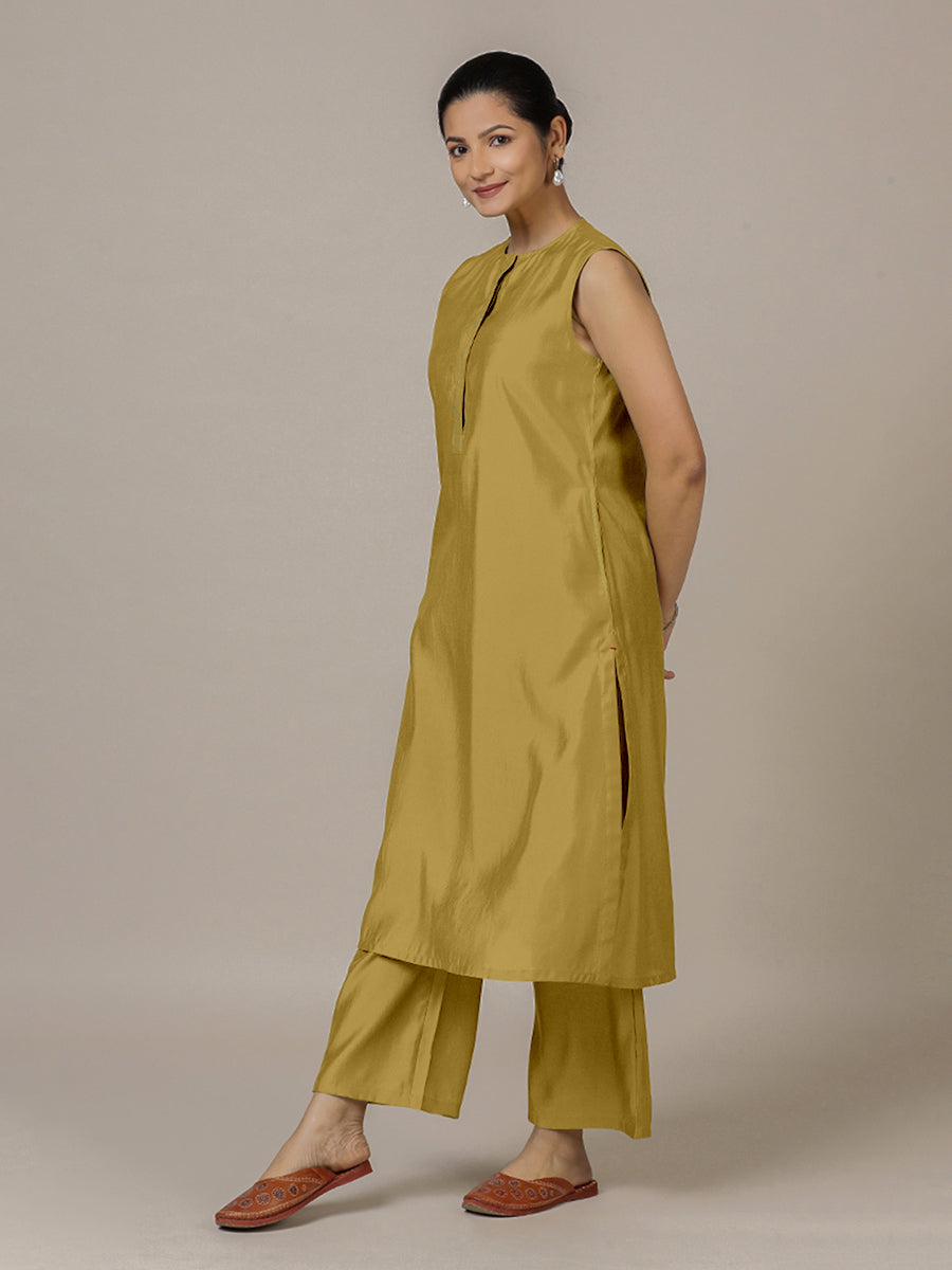 Adah x Rozaana Kurta, in Yellow Viscose, featuring sleeveless and jewel neckline, made for daily & work (view 8).