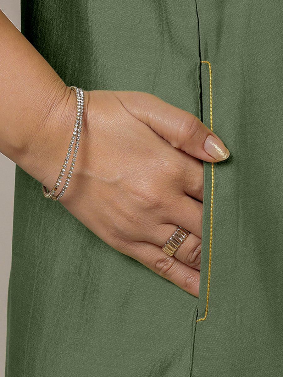 Adah x Rozaana Kurta, in Green Viscose, featuring sleeveless and jewel neckline, made for daily & work (view 5).