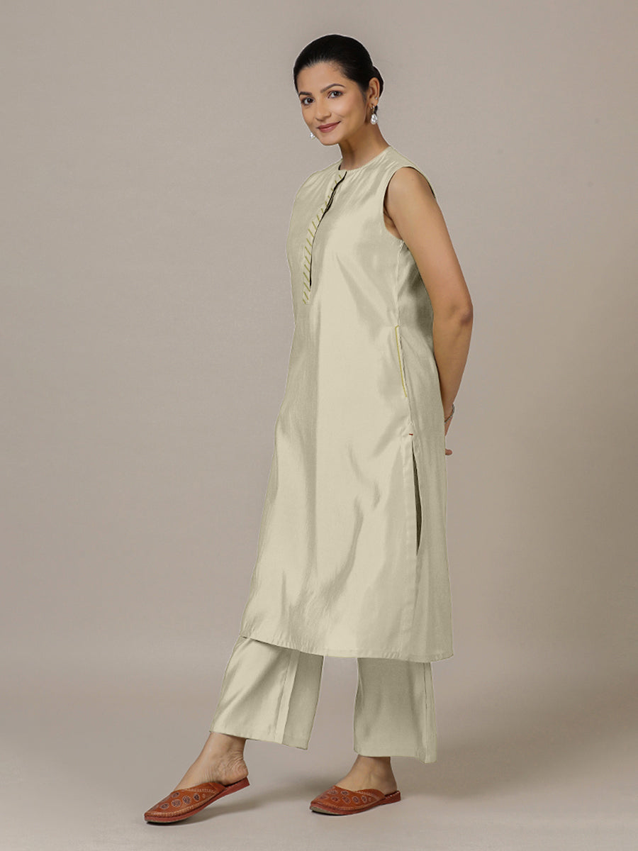 Adah x Rozaana Kurta, in Cream Viscose, featuring sleeveless and jewel neckline, made for daily & work.
