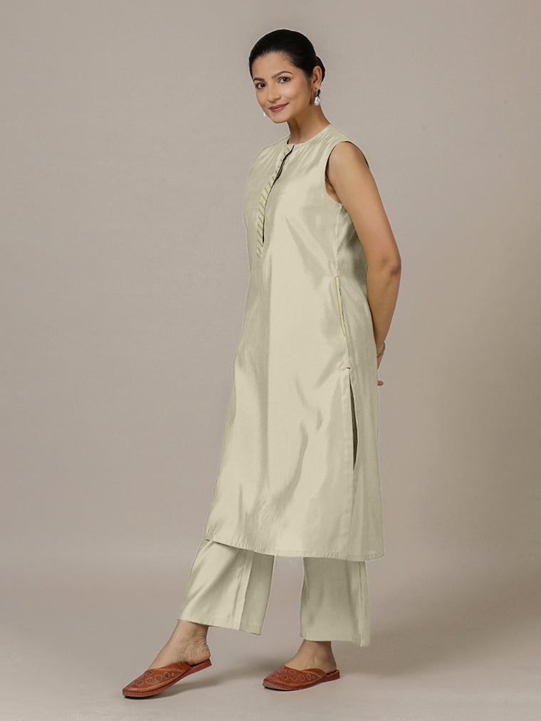 Adah x Rozaana Kurta, in Cream Viscose, featuring sleeveless and jewel neckline, made for daily & work.