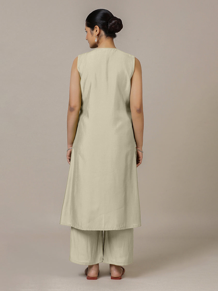 Adah x Rozaana Kurta, in Cream Viscose, featuring sleeveless and jewel neckline, made for daily & work (view 2).
