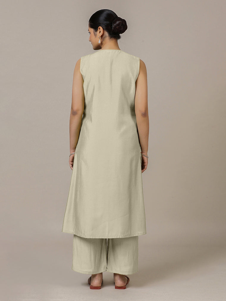 Adah x Rozaana Kurta, in Cream Viscose, featuring sleeveless and jewel neckline, made for daily & work (view 2).
