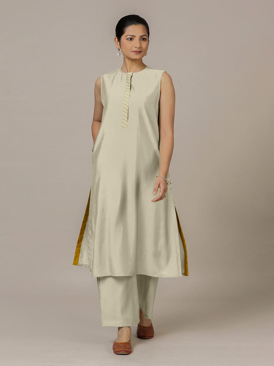 Adah x Rozaana Kurta, in Cream Viscose, featuring sleeveless and jewel neckline, made for daily & work (view 6).