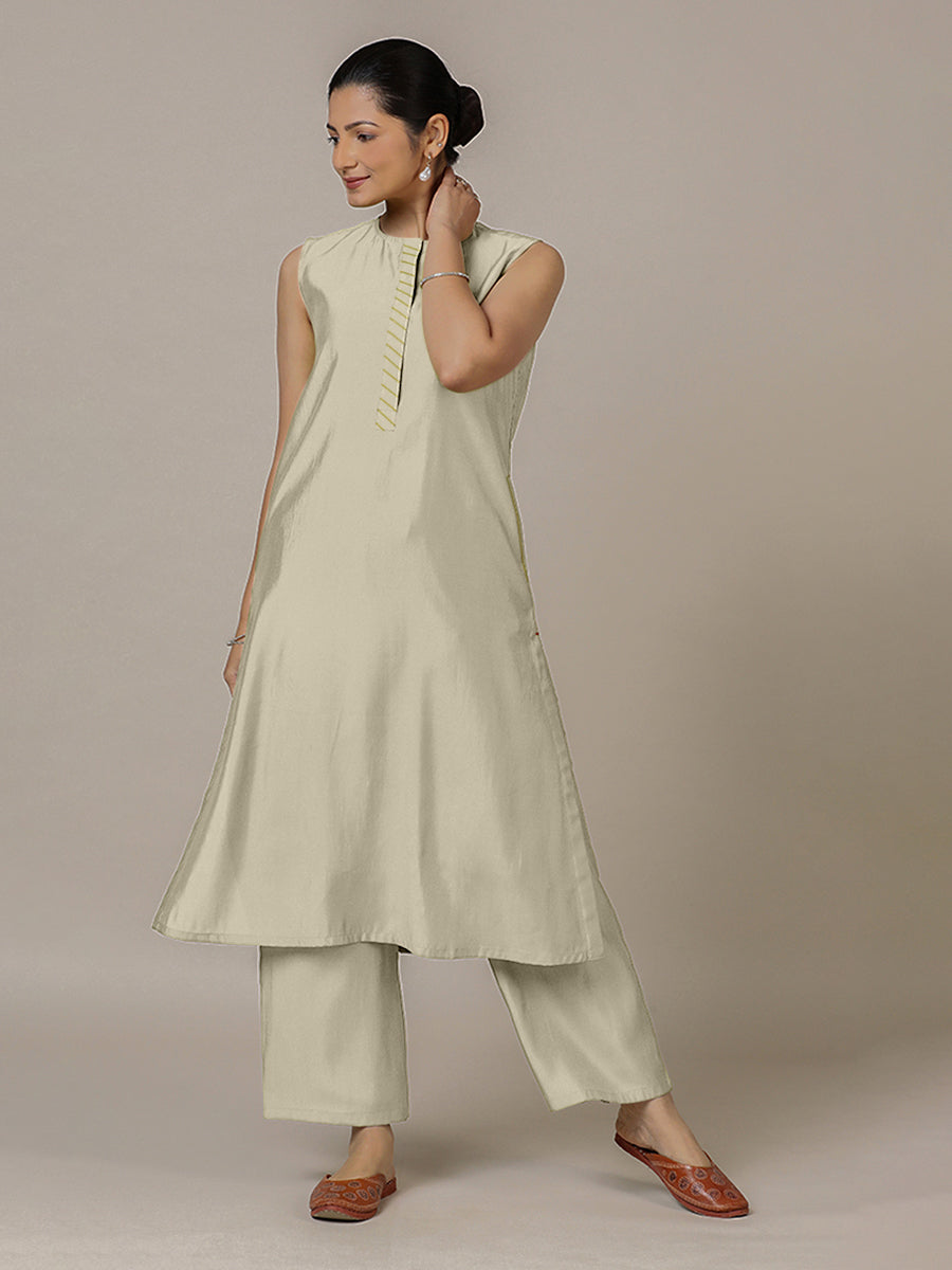 Adah x Rozaana Kurta, in Cream Viscose, featuring sleeveless and jewel neckline, made for daily & work (view 8).