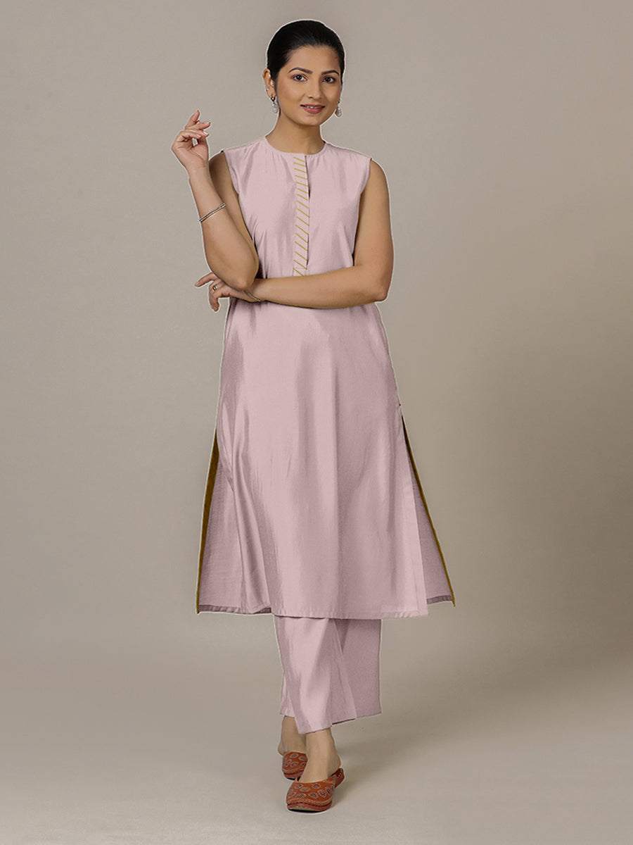 Adah x Rozaana Kurta, in Purple Viscose, featuring sleeveless and jewel neckline, made for daily & work (view 7).