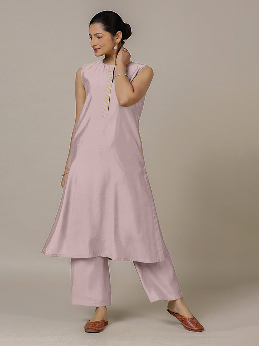 Adah x Rozaana Kurta, in Purple Viscose, featuring sleeveless and jewel neckline, made for daily & work (view 8).