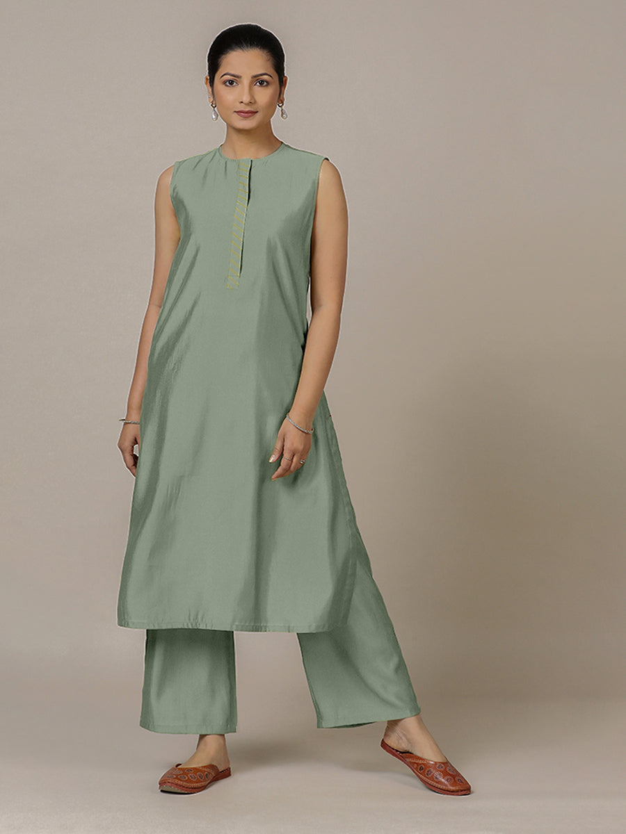 Adah x Rozaana Kurta, in Green Viscose, featuring sleeveless and jewel neckline, made for daily & work.