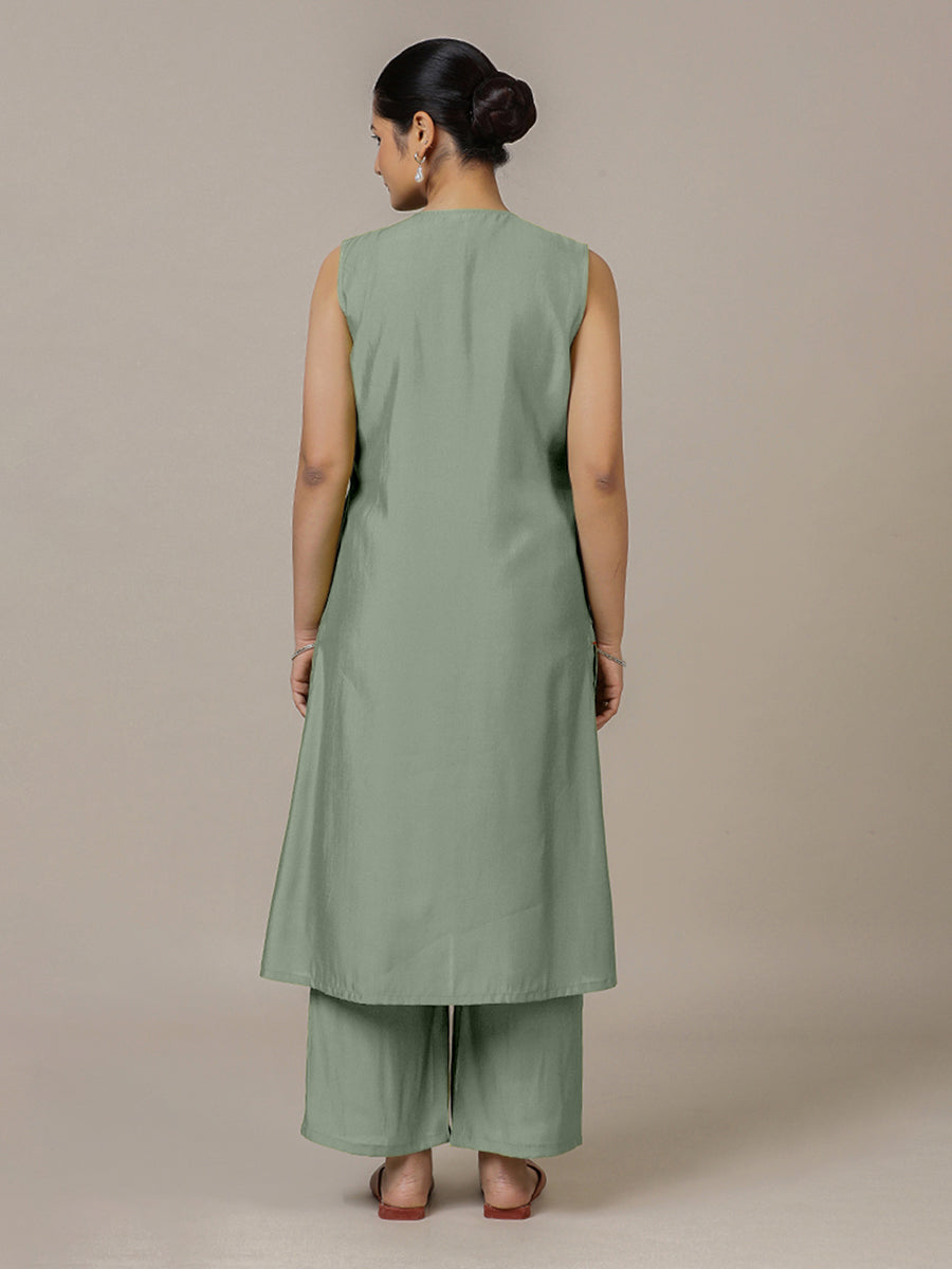 Adah x Rozaana Kurta, in Green Viscose, featuring sleeveless and jewel neckline, made for daily & work (view 2).
