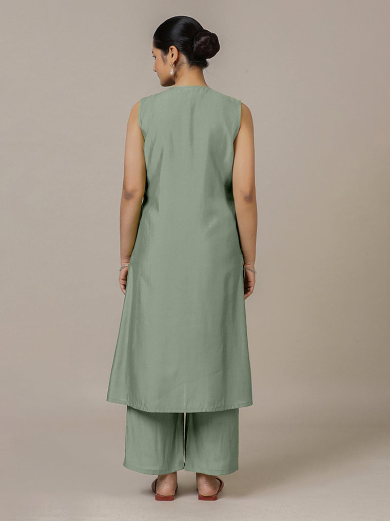 Adah x Rozaana Kurta, in Green Viscose, featuring sleeveless and jewel neckline, made for daily & work (view 2).