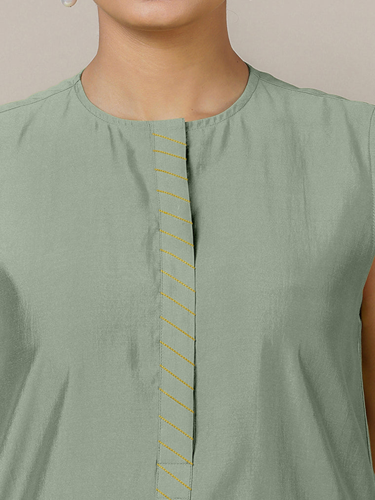 Adah x Rozaana Kurta, in Green Viscose, featuring sleeveless and jewel neckline, made for daily & work (view 3).