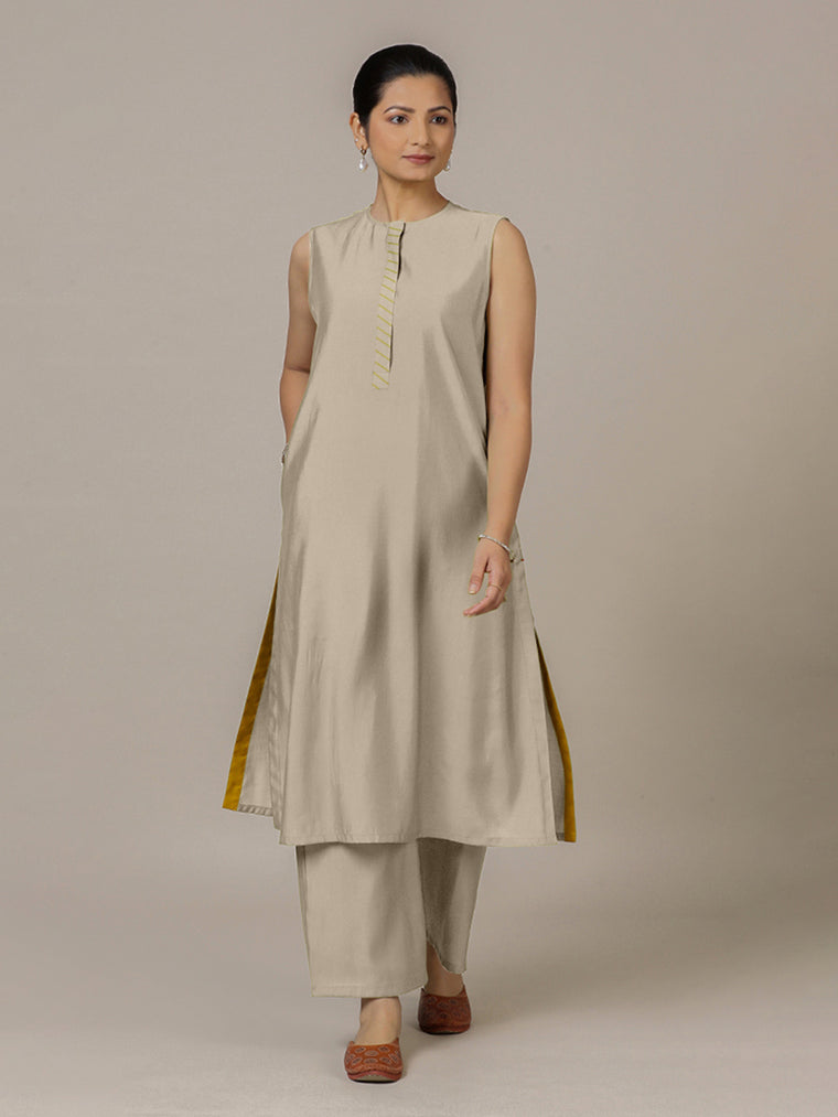 Adah x Rozaana Kurta, in Grey Viscose, featuring sleeveless and jewel neckline, made for daily & work.
