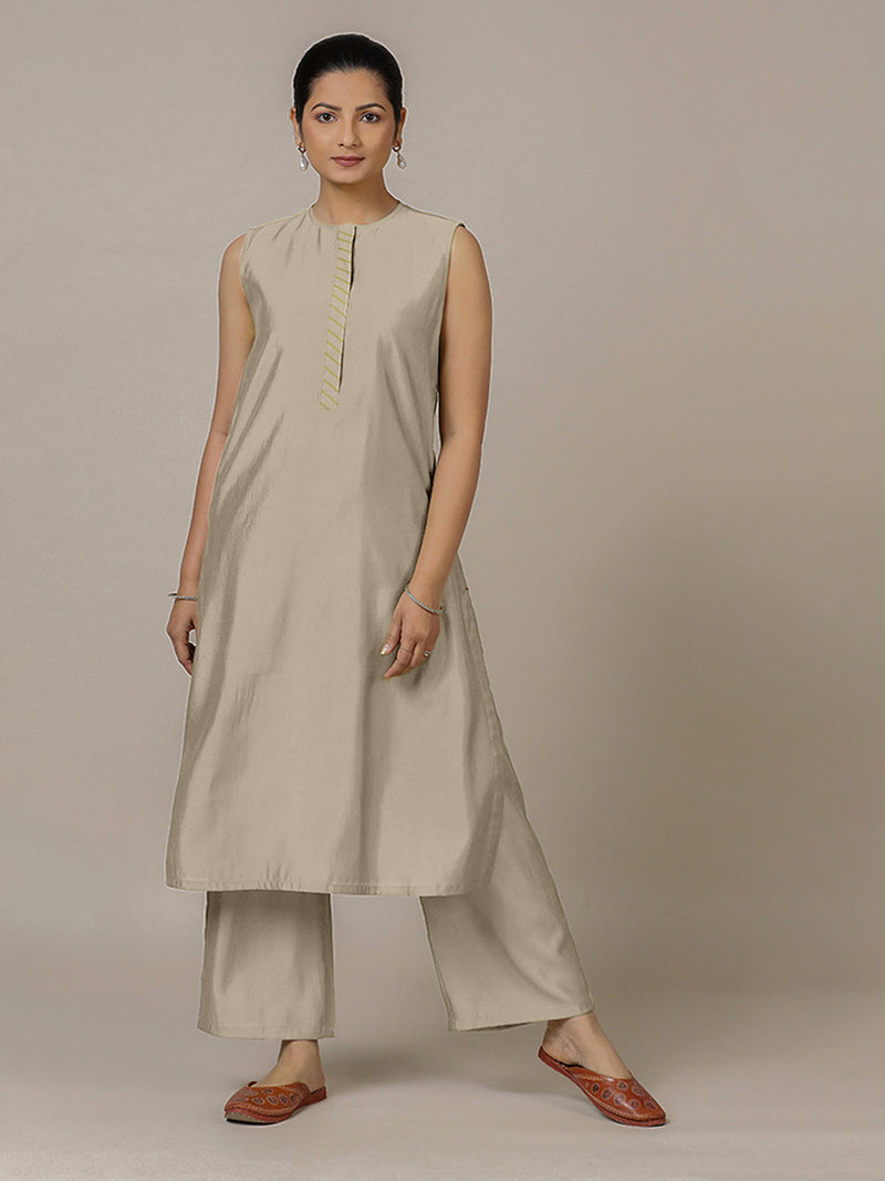 Adah x Rozaana | A Line Kurta in Oyster Grey with Thread Work | Coords or Only Kurta-Binks